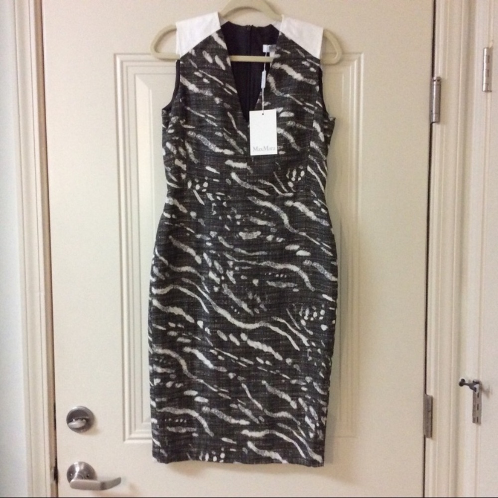 NWT MAXMARA DARK BROWN / CREAM LINEN SHEATH 8 $395